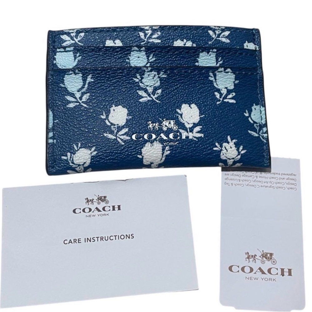 Coach Navy Blue Floral Card Case Wallet